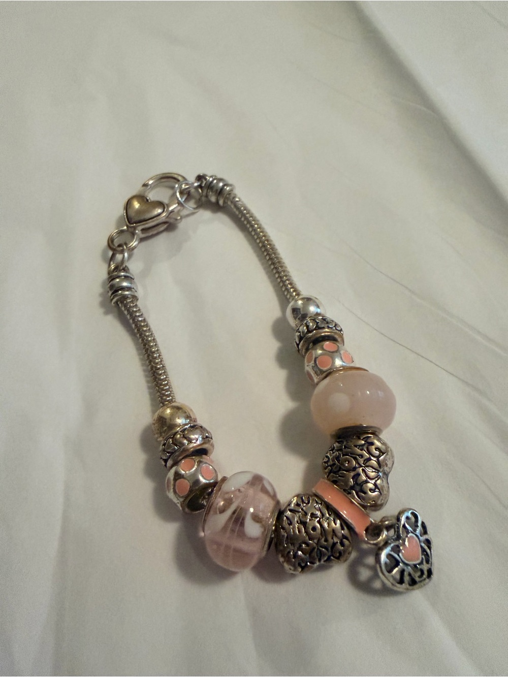Sterling-Inspired Pink Charm Bracelet with Heart Dangle